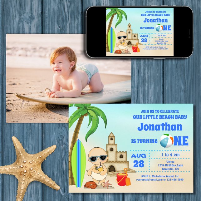 Boy Beach Baby Surfboard 1st Birthday PHOTO Invitation (Printed (Front and Back) and Digital Boy Beach Baby Surfboard 1st Birthday PHOTO Invitation)