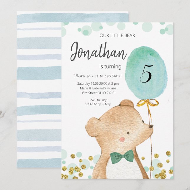 Boy bear and balloon birthday invitation (Front/Back)