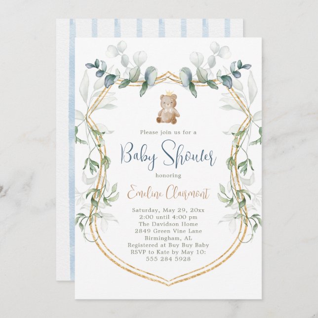 Boy Bear Baby Shower Invitation - Blue (Front/Back)