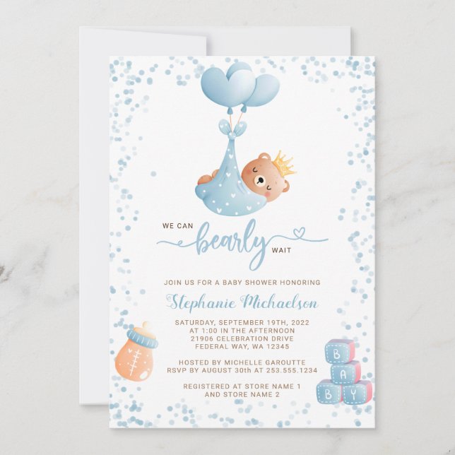 Boy Bear Baby Shower with Book Request Invitation (Front)