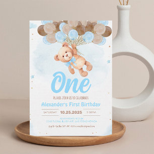 Boy Bear Bear with Balloons Teddy Bear Birthday Invitation
