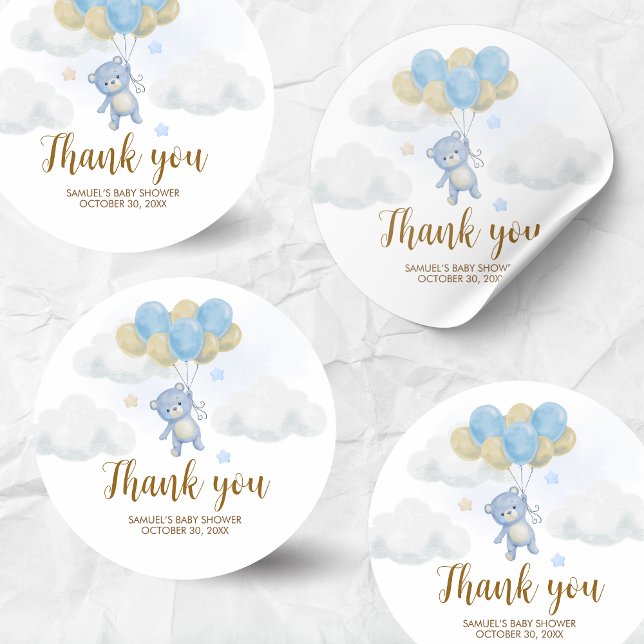 Boy Bear Bearly Wait Baby Shower Classic Round Sticker (Blue We Can Bearly Wait Bear Balloons Baby Shower Sticker)