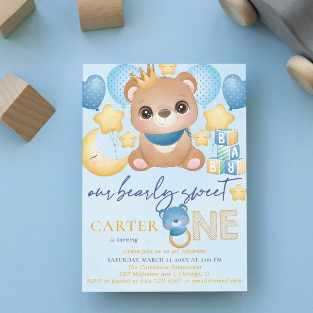 Boy Bear Blue First Birthday Invitation (Creator Uploaded)