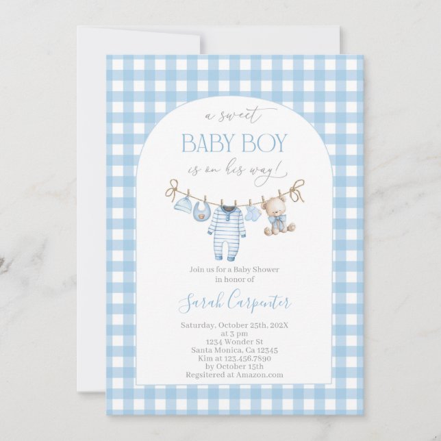 Boy Bear Clothesline Baby Shower invitation (Front)