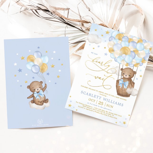 Boy Bear Hot Air Balloon Blue Gold Sky Baby Shower Invitation (Creator Uploaded)