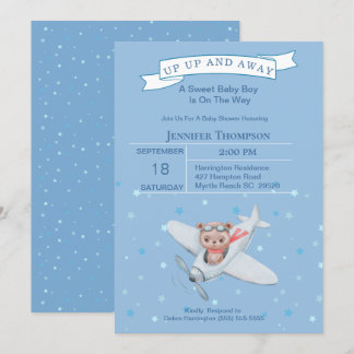Boy Bear Pilot Aeroplane Baby Shower Invitation