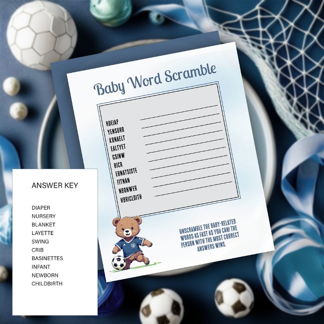 Boy Bear Soccer Player Baby Shower Word Scramble (Cute Blue Teddy Bear Soccer Player Boy Baby Shower "Baby Word Scramble" Game Card)