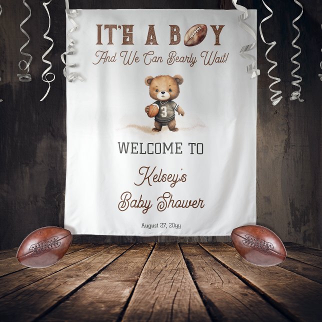 Boy Bearly Wait American Football Baby Shower  Tapestry (Teddy Bear Boy American Football Baby Shower Welcome 68" x 80" Lg. Backdrop - Bearly Wait Collection)