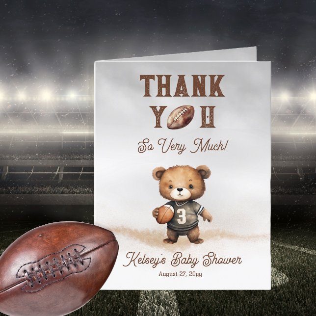 Boy Bearly Wait American Football Baby Shower Thank You Card (Teddy Bear Boy American Football Baby Shower Folded Thank You - Bearly Wait Collection)