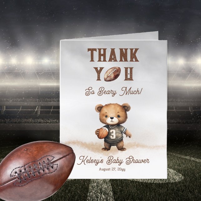 Boy Bearly Wait American Football Baby Shower Thank You Card (Teddy Bear Boy American Football Bearly Wait Baby Shower "Thank You Beary Much!" Folded Card)