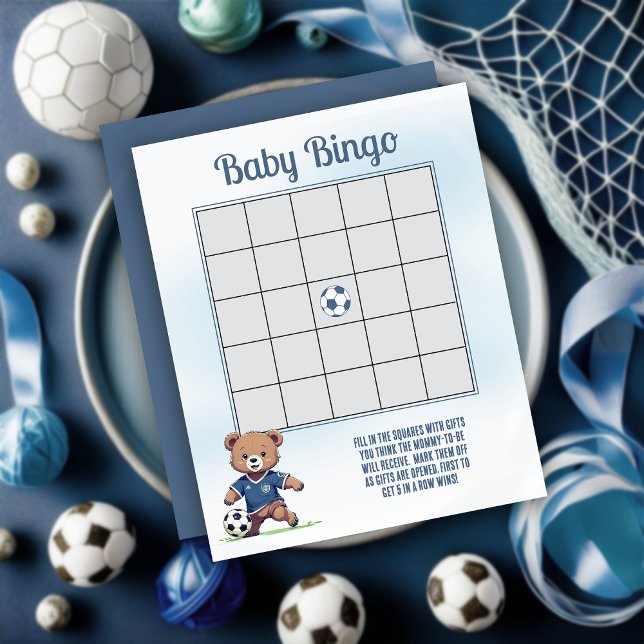 Boy Bearly Wait Soccer Player Baby Shower (Cute Blue Teddy Bear Soccer Player Boy Baby Shower "Baby Bingo" Game Card)