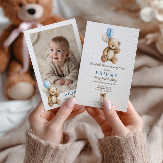 Boy Beary 1st Birthday Teddy Bear Photo Balloons Invitation (Boy Beary 1st Birthday Teddy Bear Photo Balloons Invitation)