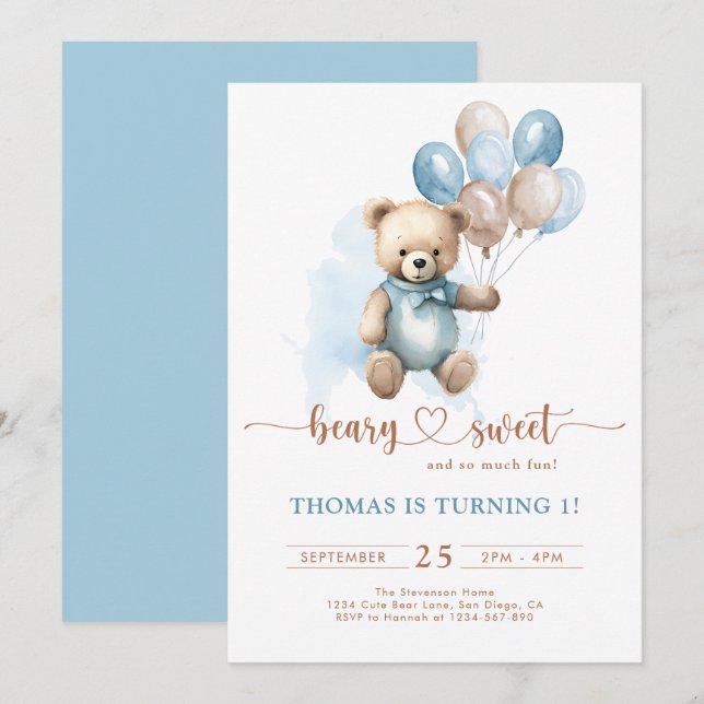 Boy Beary Sweet 1st Birthday Teddy Bear Blue Brown Invitation (Front/Back)