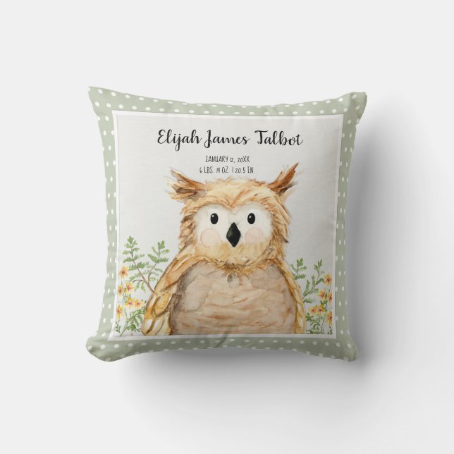 Boy Birth Stat Wise Owl Watercolor Woodland Animal Cushion (Front)