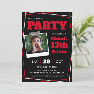 Boy Birthday 13/Any Age, Red Black Photpo Invitation