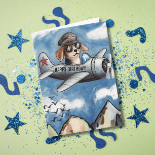 Boy Birthday Dog Aeroplane Clouds Mountains Funny Card