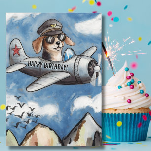 Boy Birthday Dog Aeroplane Clouds Mountains Funny Card