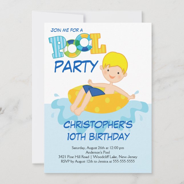 Boy Birthday Summer Pool Party Invitation (Front)