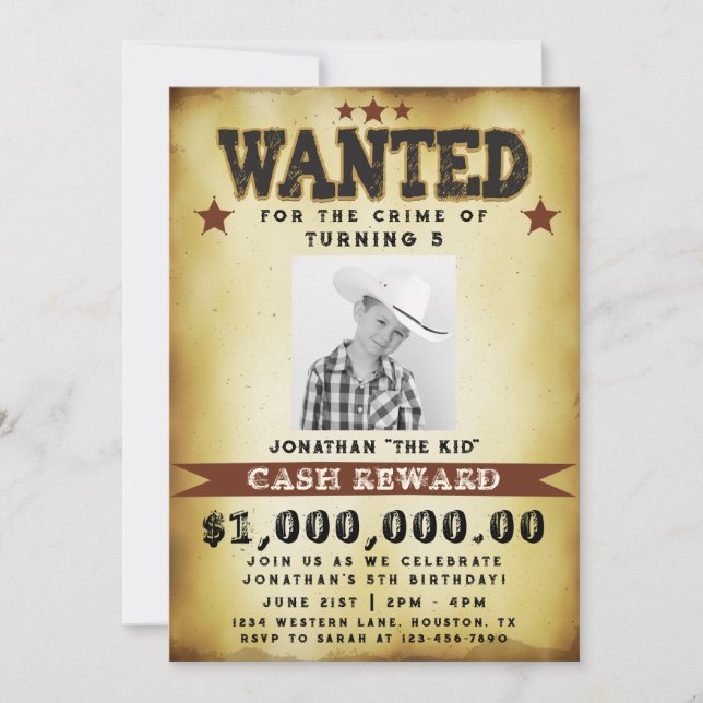 Boy Birthday Wanted Poster Cowboy Invitation (Front)