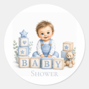 Boy Blocks Baby Shower Classic Round Sticker