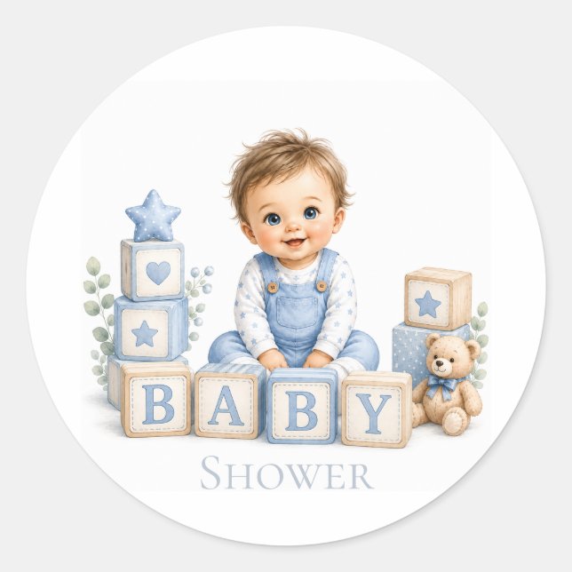 Boy Blocks Baby Shower Classic Round Sticker (Front)