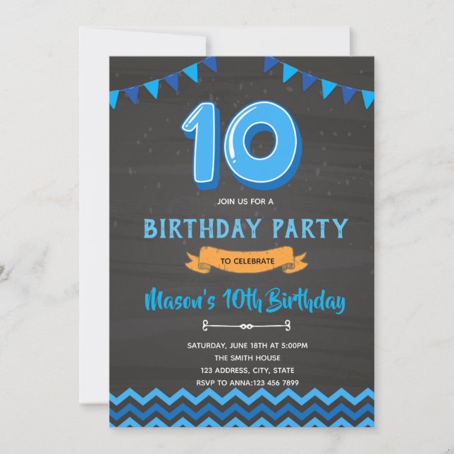 Boy blue 10th birthday invitation (Front)