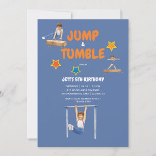 Boy Blue and Orange Gymnastics Birthday Party Invitation