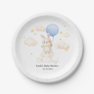 Boy Blue Balloon Cute Bunny Baby Shower Paper Plate
