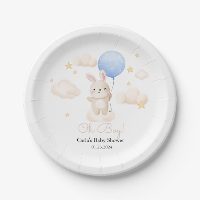 Boy Blue Balloon Cute Bunny Baby Shower  Paper Plate (Front)