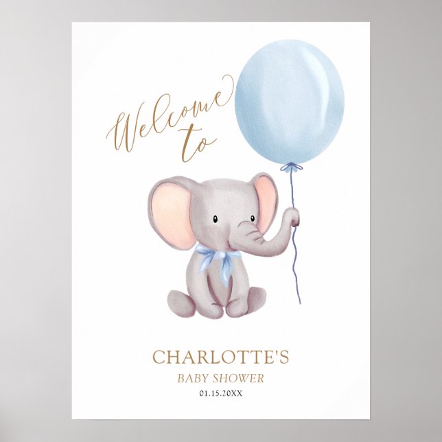 Boy Blue Balloon Elephant Baby Shower Welcome Poster (Front)