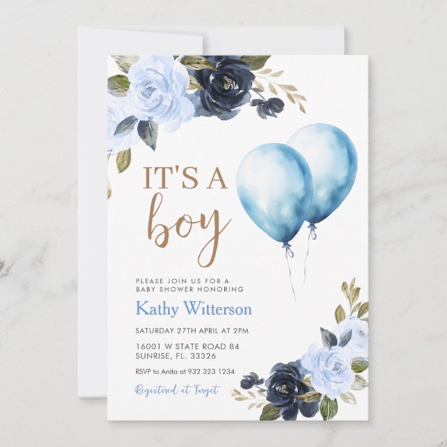  Boy Blue Balloon Floral Baby Shower Invitation (Front)