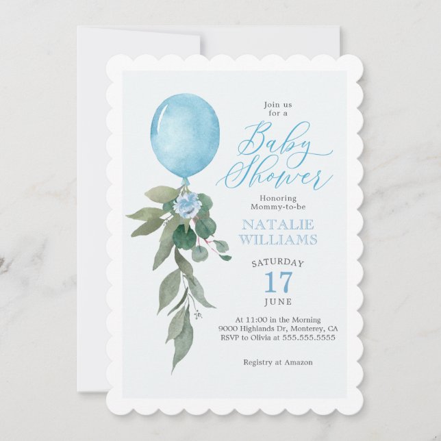 Boy Blue Balloon Greenery Baby Shower Invitation (Front)