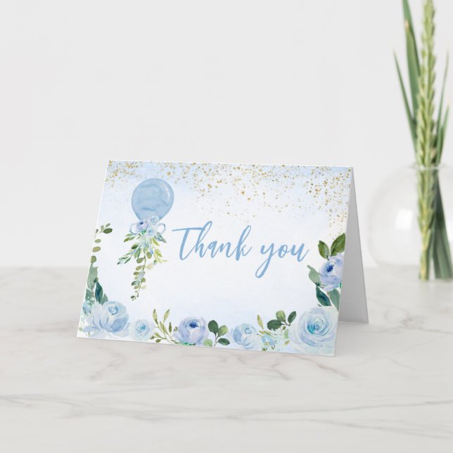 Boy Blue Balloon Greenery Baby Shower Thank You Card (Front)