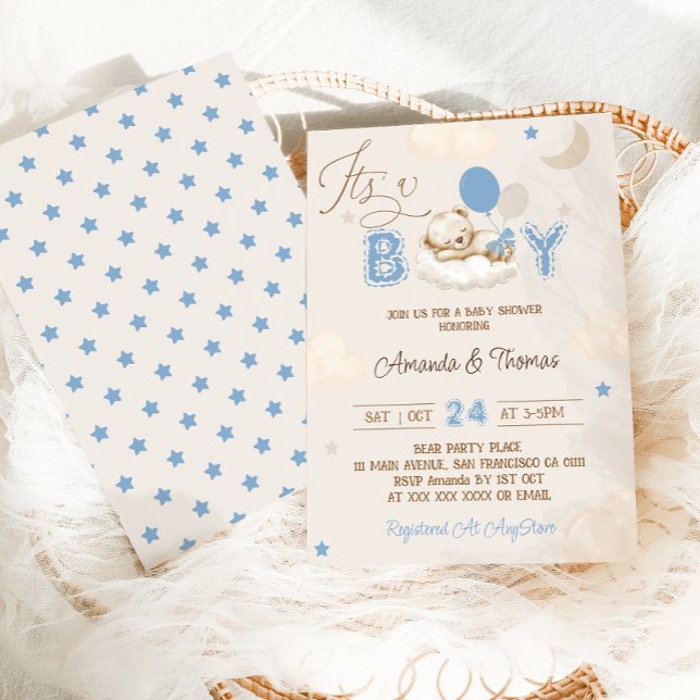 Boy Blue Bear Baby Shower Invitation (Creator Uploaded)