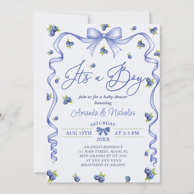 Boy Blue Blueberry Baby Shower Invitation (Front)