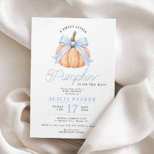 Boy blue bow little pumpkin elegant baby shower invitation