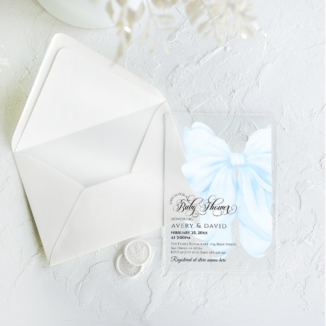 Boy Blue Bow Modern Elegant Baby Shower Acrylic Invitations (Creator Uploaded)