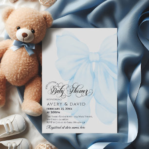 Boy Blue Bow Modern Elegant Baby Shower Invitation