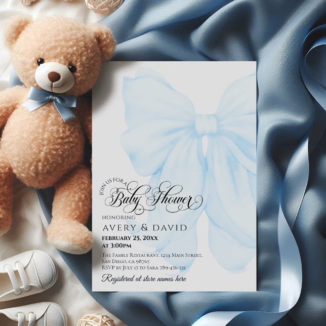 Boy Blue Bow Modern Elegant Baby Shower Invitation (Creator Uploaded)