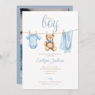 Boy Blue Clothesline Baby Shower Photo QR Code Invitation
