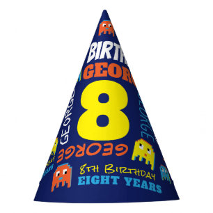 Boy blue colourful 8th gamer birthday  party hat