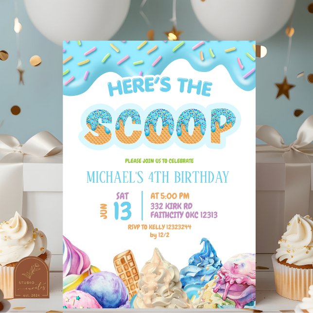 Boy Blue Drip Here's the Scoop Birthday Party Invitation (Creator Uploaded)