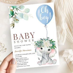 Boy Blue Elephant Baby Shower Invitation