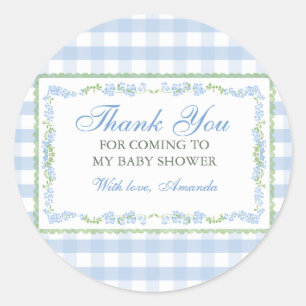 Boy Blue Floral Grandmillenial Baby Shower Gingham Classic Round Sticker