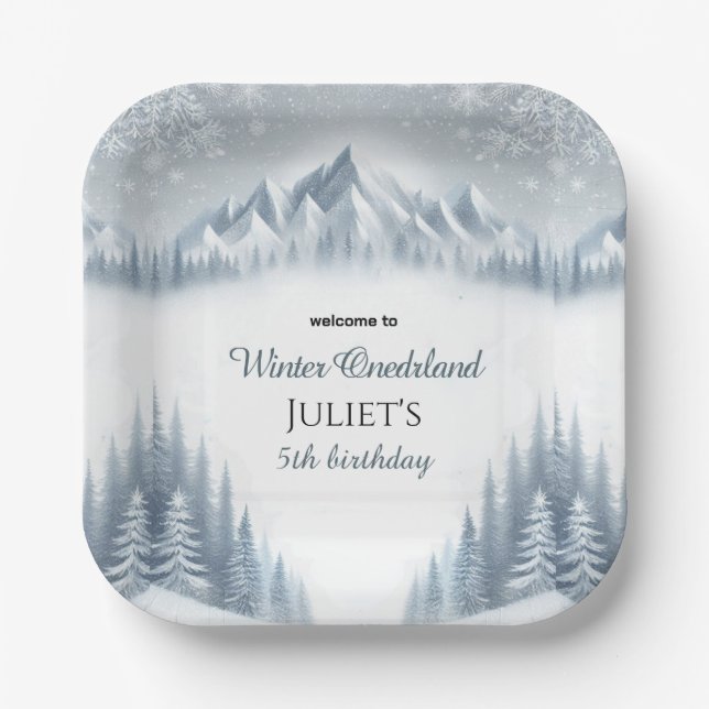 boy blue girl snow Winter Onederland 13th birthday Paper Plate (Front)