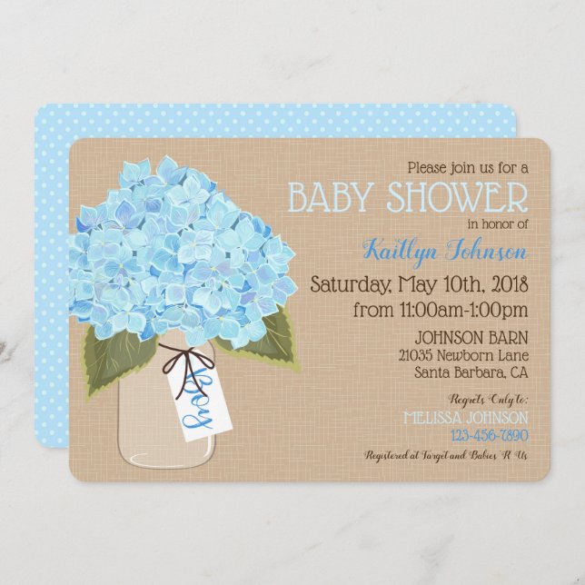 Boy Blue Hydrangea Mason Jar Rustic Baby Shower Invitation (Front/Back)