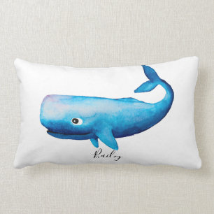 Boy Blue Ocean Watercolor Whale Beach Name Nursery Lumbar Cushion