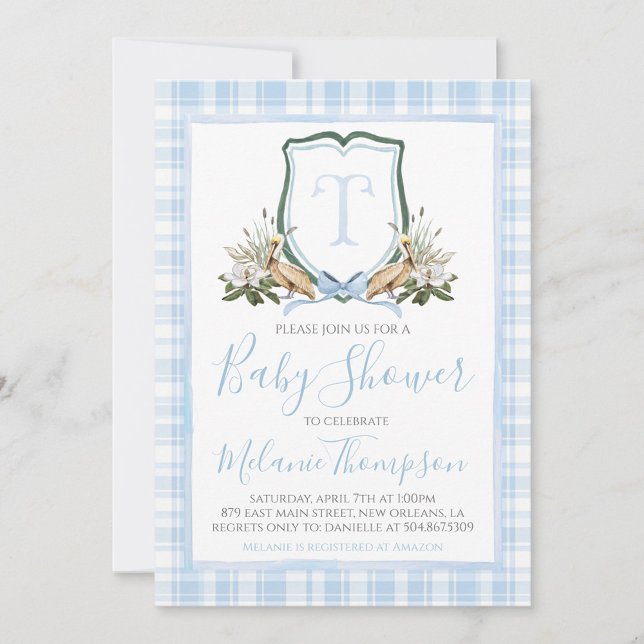 Boy Blue Pelican Baby Shower Preppy Southern Invitation (Creator Uploaded)