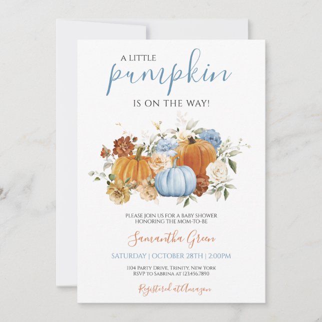 Boy Blue Pumpkin Baby Shower Invitation (Front)