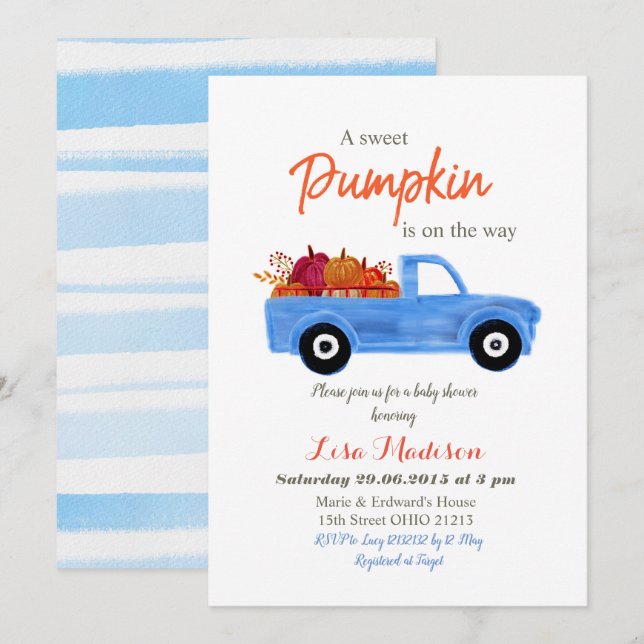 Boy Blue Pumpkin is on the way baby shower Invitation (Front/Back)